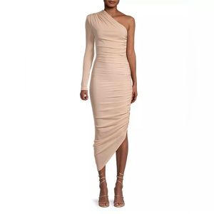 Tansy MISHA One-Sleeve Ruched Midi-Dress. NWT/ Never Worn. Color: Champagne